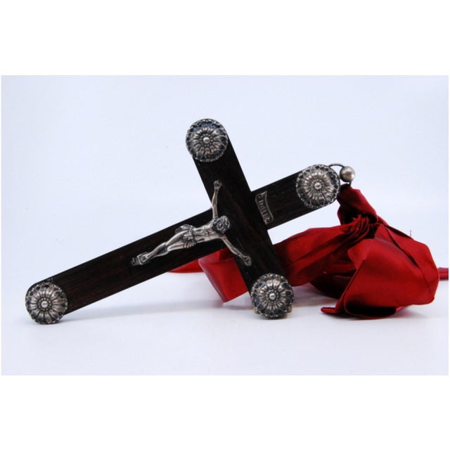 Wooden Cross with Silver Applications and Jesus Crucified with Red Fabric For Sale - Image 6 of 9