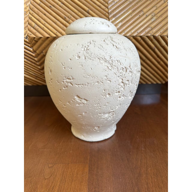 Handsome Heavily Textured Plaster Ginger Jar, Dating to the 1970’s. Beautiful buff shade. Irregular brutalist texture...