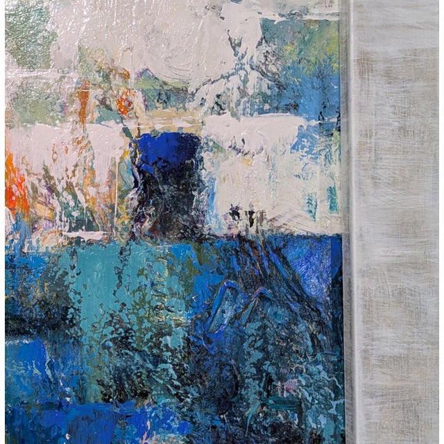 Square Hand Finished Framed Textured Blue and White Abstract Art on Canvas For Sale - Image 4 of 6