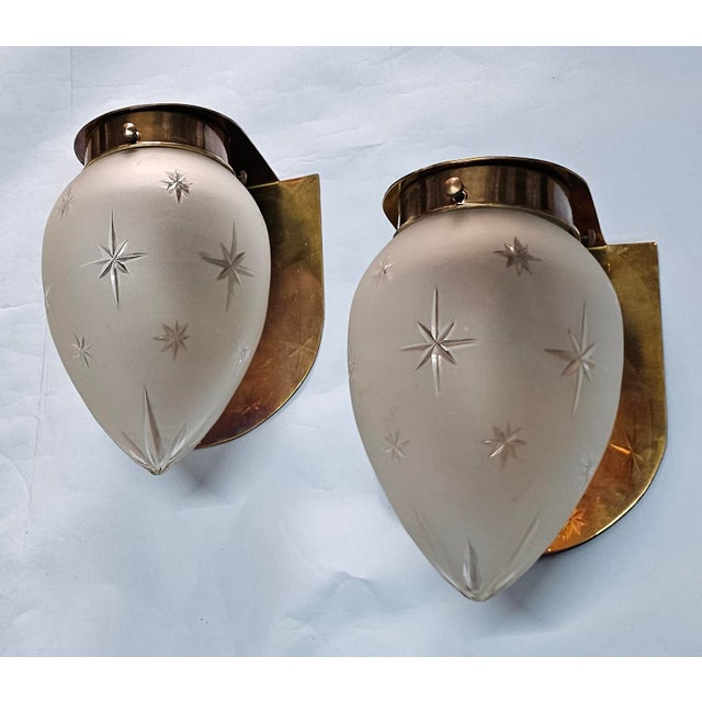 Pair of Vintage Art Deco Wall Sconces Fixture Brass & Star Glass Shade Lamp Ship Light For Sale - Image 4 of 7