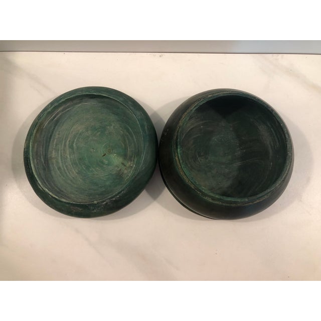 African Round Green Wood Box With Elephant Tin Accent For Sale - Image 3 of 10