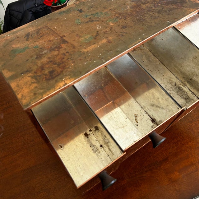 1950s Krestline Mid Century Modern Distressed Metal Bread Box Storage Drawers Shelf Coffee Bar For Sale - Image 4 of 9