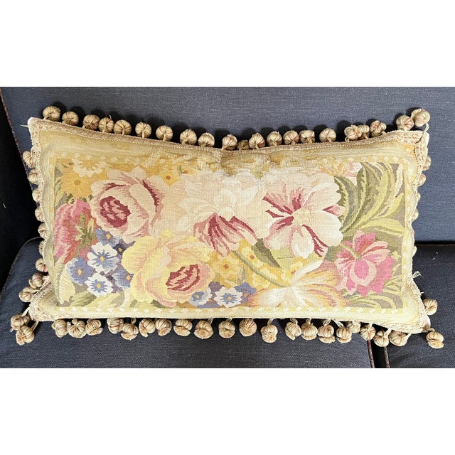 Pink Antique 18th Century French Aubusson Tapestry Pillow With Passementerie Trim and Ball Tassel Fringe For Sale - Image 8 of 16