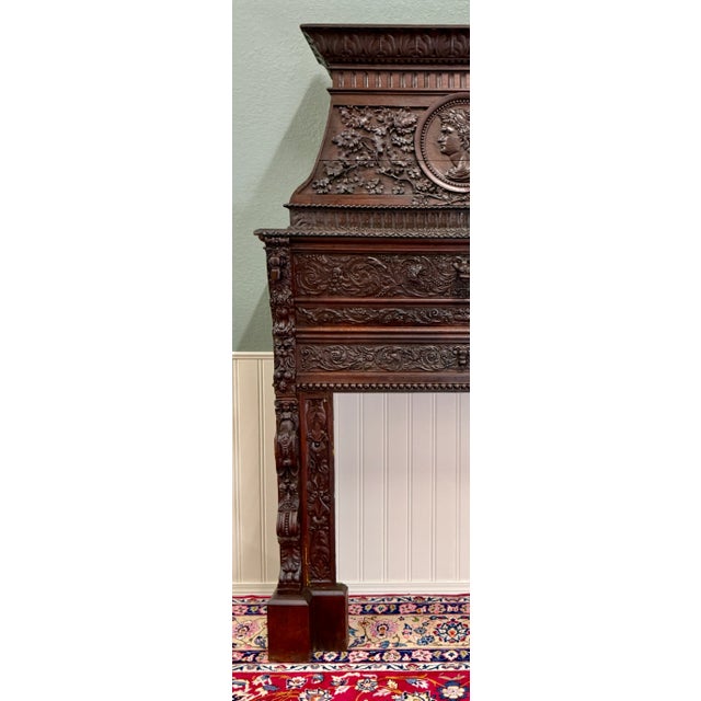 Brown Antique French Fireplace Mantel Surround Renaissance Revival Carved Oak 19thC For Sale - Image 8 of 17