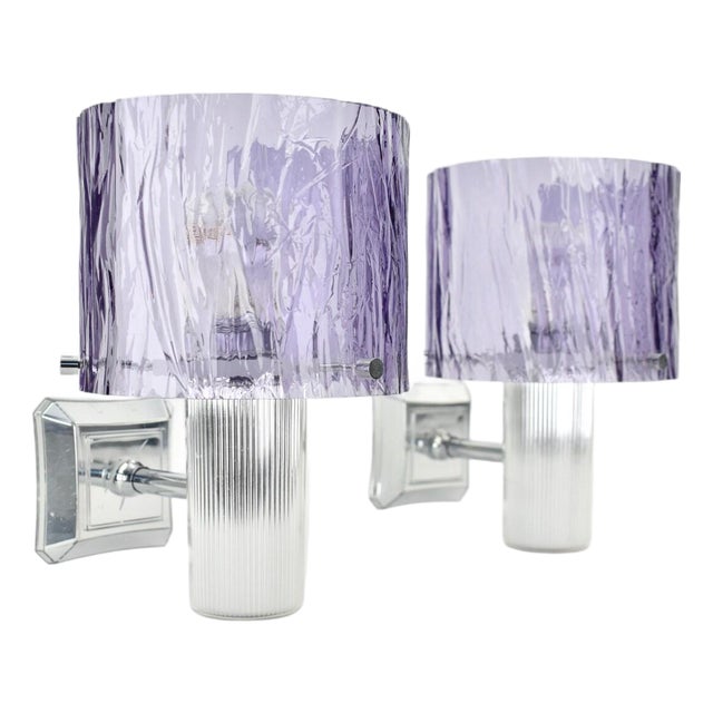 Vintage Mid Century Modern Amethyst Wall Sconces Silver Lights | Fixtures Bedside Purple French Ice Glass - a Pair For Sale