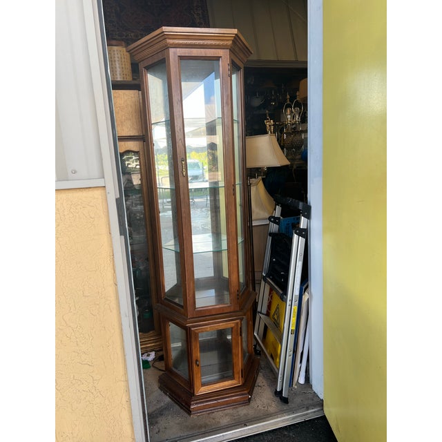 Mid-Century Modern Vintage 1970s Traditional Lighted Half-Hexagon Curio Cabinet For Sale - Image 3 of 6