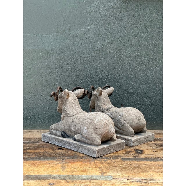 Rustic Vintage Plaster and Metal Ram Sculptures - Pair For Sale - Image 3 of 12