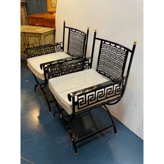 Mid-Century Modern Pair of Italian Steel Greek Key Patterned Arm Chairs For Sale - Image 3 of 6