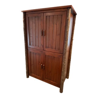 Rustic Solid Wood Entertainment Armoire With Log Details by Flat Rock Furniture For Sale