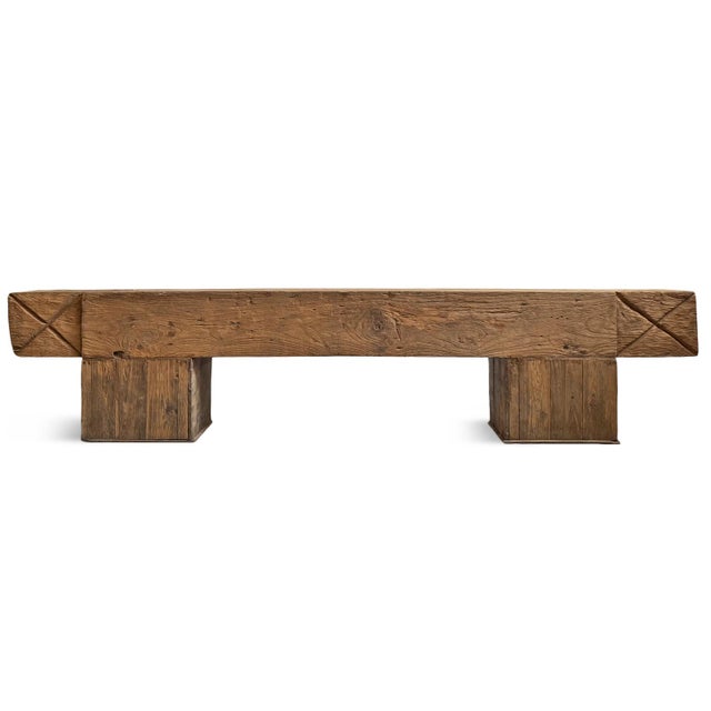 Mid 20th Century Old Rustic Teak Wood X Beam Bench For Sale - Image 5 of 9