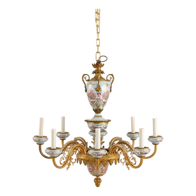 Vintage Sevres Style French Porcelain 8 Light Chandelier For Sale