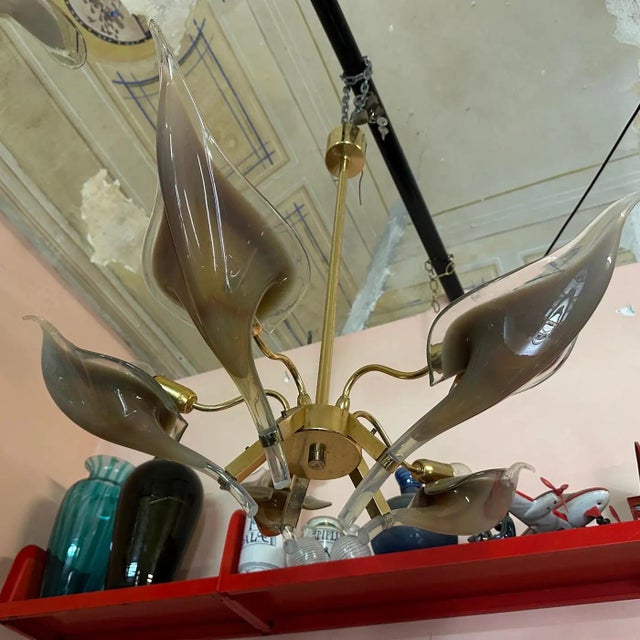 1970s Mid-Century Modern Brown Murano Glass and Brass Chandelier by Franco Luce For Sale - Image 9 of 11