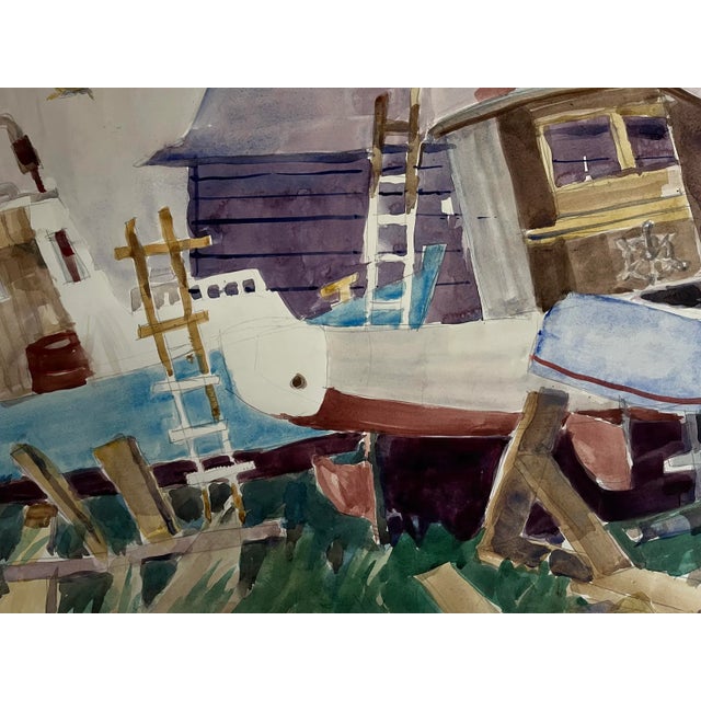 Mid-Century Modern Vintage Modernist Watercolor Painting of Fishing Boats in the Boat Yard by Sanford Brooks For Sale - Image 3 of 7
