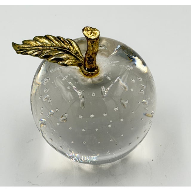 Venetian Art Glass Apple Paperweight W/Brass Leaf & Stem Bullicante Bubbles For Sale In Palm Springs - Image 6 of 7