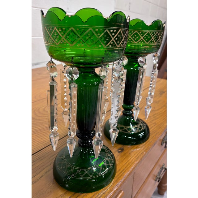 Late 19th Century Antique C 1880-1900 Victorian Bohemian Emerald Green Glass Mantle Lustres - Pair For Sale - Image 5 of 14