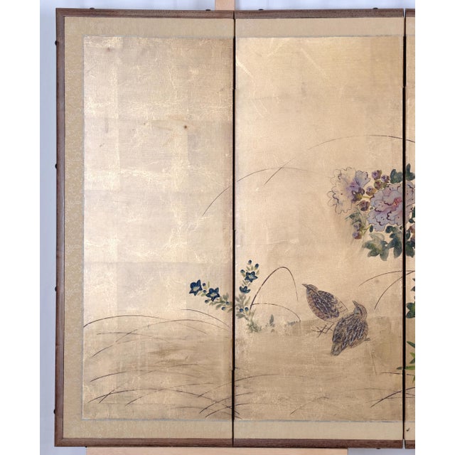 1950s Japanese Byobu "2 Quails Under Flowering Bush" Artist Hand Signed & Hand Painted 4-Panel Folding Screen Excellent Overall Condition For Sale - Image 4 of 10