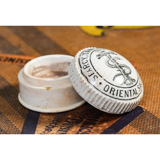 Neat Victorian Antique Porcelain Pot Lidded Jar Searcy, Tansley and Co.'s Celery Salt Advertising Kitchen Cooking Home Decor For Sale In New York - Image 6 of 9