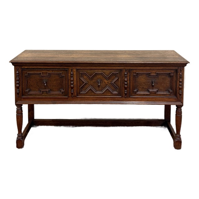 Antique English Jacobean Console Buffet Sideboard Sofa Table Oak c.1930s For Sale