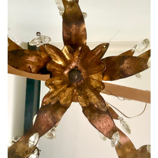 Mid 20th Century Hollywood Regency Gilt Tole Leaf & Crystal 5-Light Chandelier For Sale In Los Angeles - Image 6 of 12