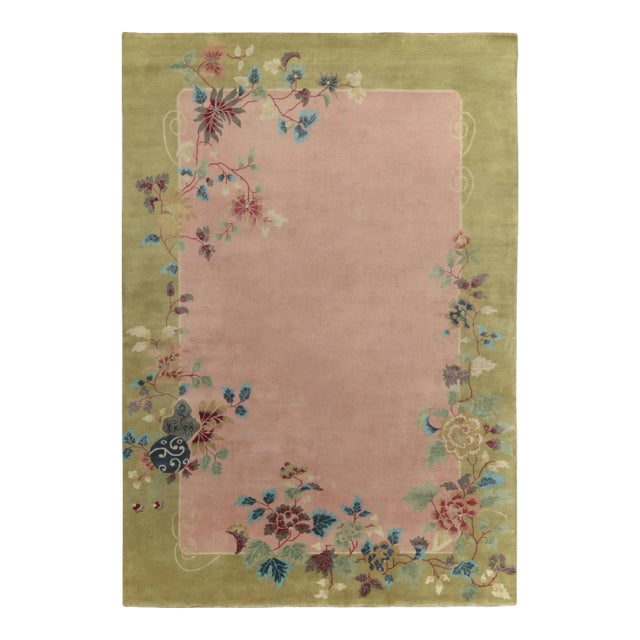 Rug & Kilim Chinese Style Art Deco Rug in Pink, Green Border & Floral Patterns - 9'x12' For Sale
