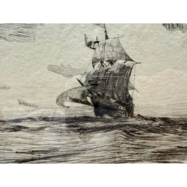 Nautical 1920s Pair of Signed j.p. Benson Maritime Sailing Ship Etchings in Burl Wood Frames For Sale - Image 3 of 13