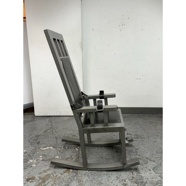 Brutalist Circa 1990's Steel + Leather Strap Rocking Chair For Sale - Image 3 of 12