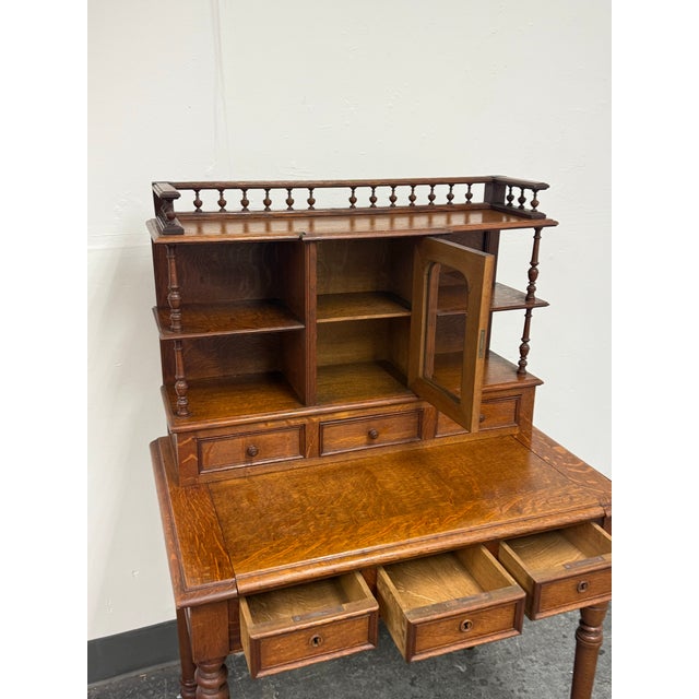 Wood Quarter-Sawn Oak Secretary Desk + Gallery Top, Antique For Sale - Image 7 of 12