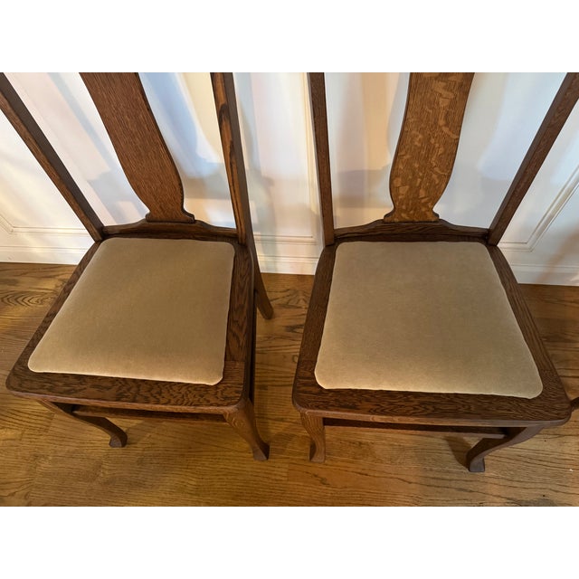 Wood Pair of Antique Oak Dining Chairs With New Neutral Upholstery For Sale - Image 7 of 8