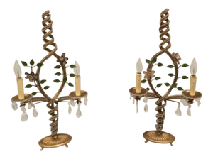 1940s Mid Century/ Hollywood Regency Maison Bagues Swirl Gilt Metal/ Crystal Two Light Table Lamps - a Pair