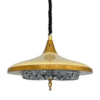 Mid-Century Modern Retractable Metal and Pressed Glass Pull Down Pendant Lamp, 1960s For Sale