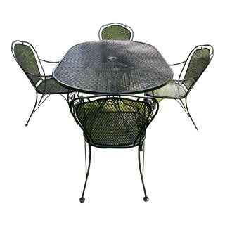 1970s Wrought Iron Woodard Patio Set Large Table & 4 Chairs, Attributed For Sale