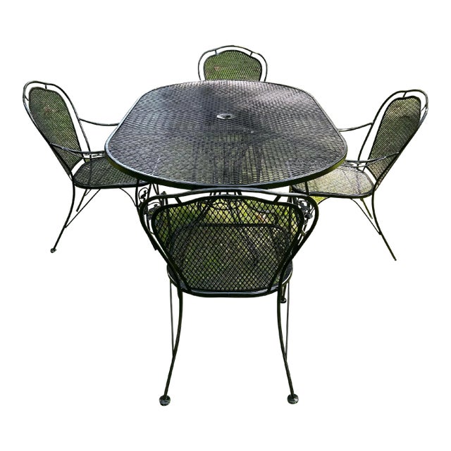 1970s Wrought Iron Woodard Patio Set Large Table & 4 Chairs, Attributed For Sale