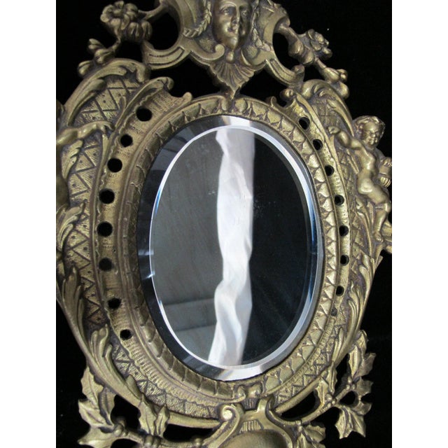 Antique 19thc Ornate Baroque Brass Cherub Goddess Wall Mirror 3 Arm Candelabra For Sale - Image 10 of 12