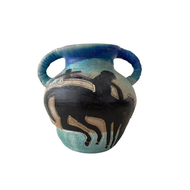 Ceramic 1930s George Johnson Urn With Handles - Bison and Man on Horse Design For Sale - Image 7 of 9