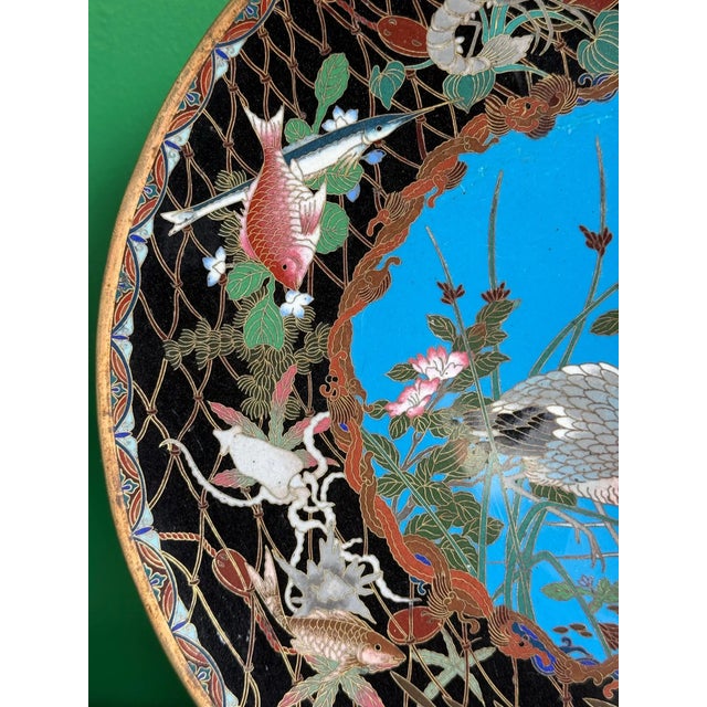Meiji Japanese Cloisonne Enamel Charger With Crab, Fish, and Marine Life in Net For Sale In New York - Image 6 of 12