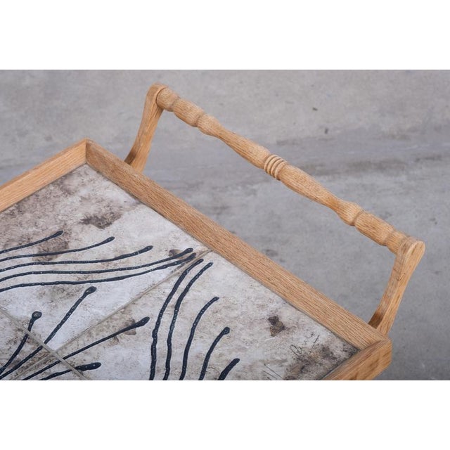 Brown Danish Brutalist Oak Serving Table with Ceramic Tiles, 1960s For Sale - Image 8 of 9