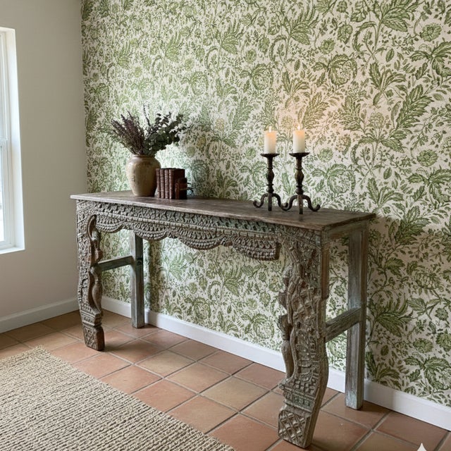 Antique Hand-Carved Wood Console Table With Brass Stud Detailing – Ornate Entryway Accent For Sale - Image 4 of 5
