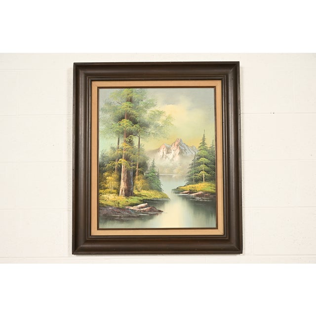 Bob Ross Style Original Signed Lakeside Mountain Landscape Oil Painting in Carved Wood Frame For Sale - Image 16 of 16