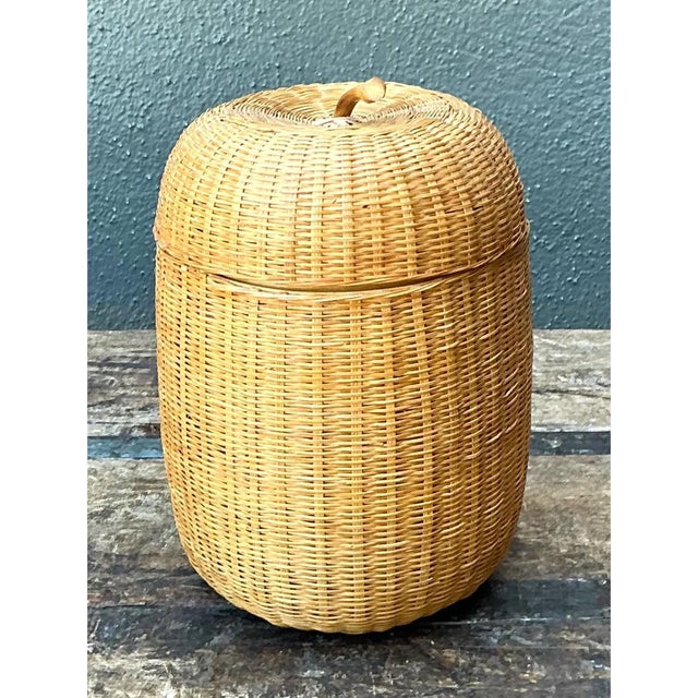 Wood Vintage Woven Rattan Lidded Basket For Sale - Image 7 of 12