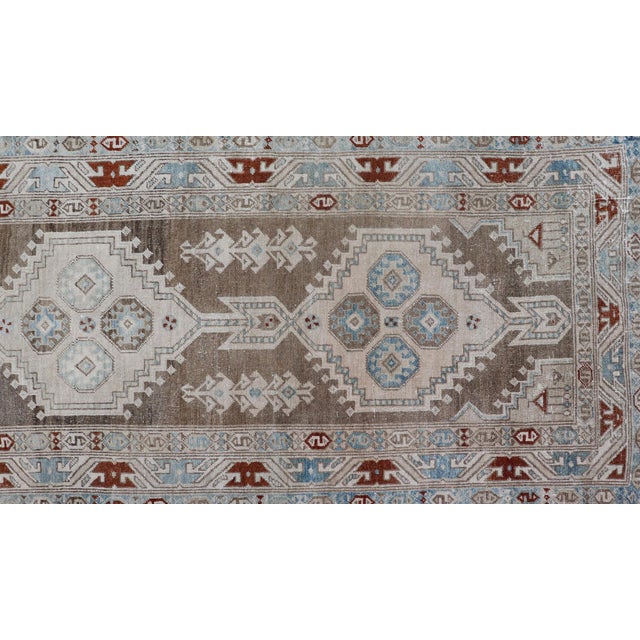 Long Persian Heriz Runner With Central Medallions in Brown, Blue, Tan & Red For Sale - Image 9 of 12
