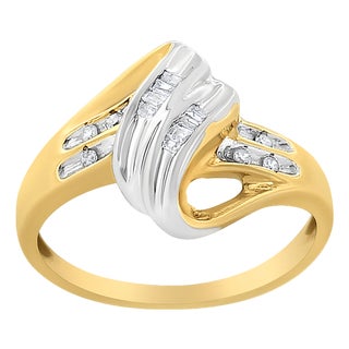 10K Yellow and White Gold 1.00 Cttw Round And Baguette-Cut Diamond Accent Bypass Ring (H-I Color, I2-I3 Clarity) - Ring Size 7 For Sale