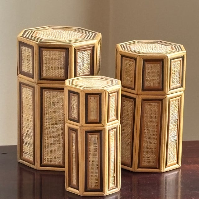 1960s Bamboo & Rattan Octagonal Nesting Boxes — Set of 3 For Sale - Image 16 of 17