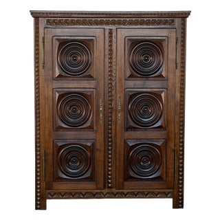 French Brutalist Carved Oak Armoire attributed to Charles Dudouyt, 1940s For Sale