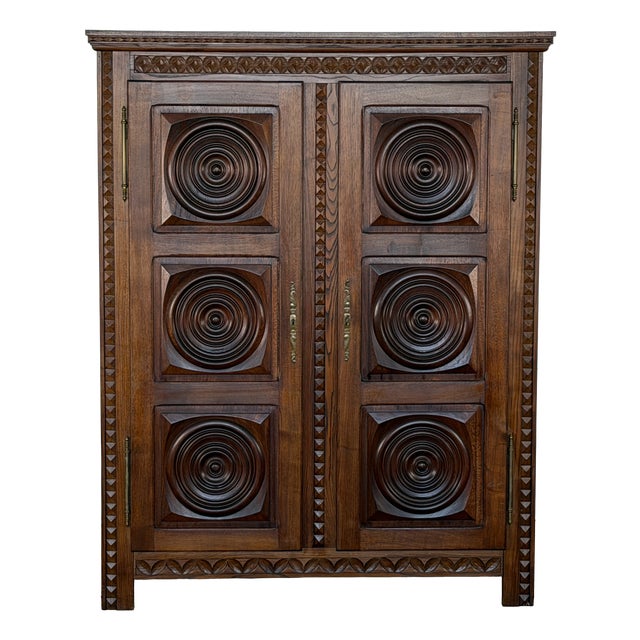 French Brutalist Carved Oak Armoire attributed to Charles Dudouyt, 1940s For Sale