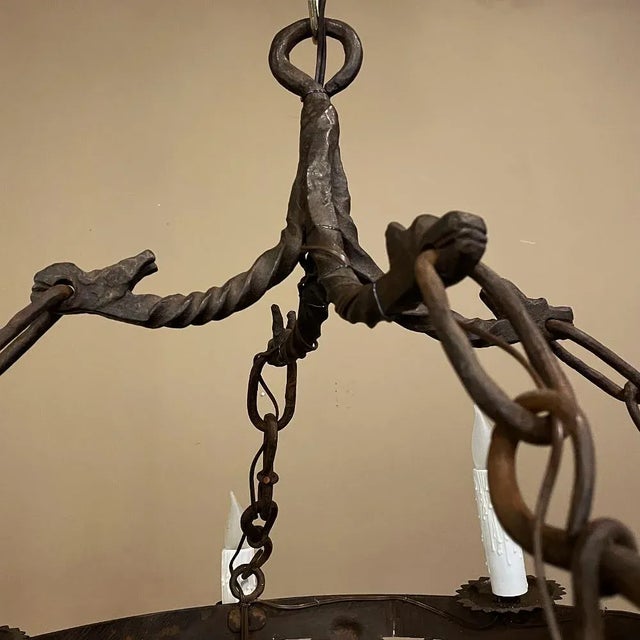 Pair Antique Country French Wrought Iron Chandeliers For Sale - Image 11 of 13