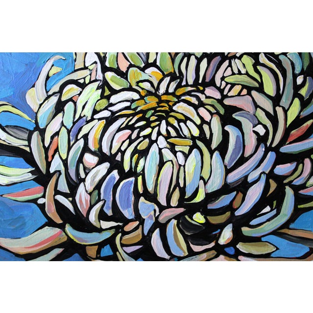 Small Acrylic painting on Canvas 20x16 of White Chryzanthemum on blue background. Smooth texture. Painted from real flower...