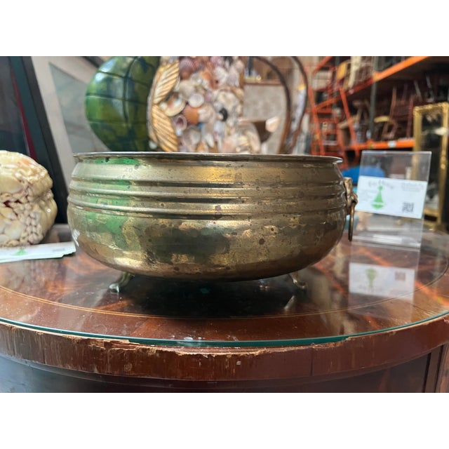 Mid-Century Modern Round Footed Vintage Brass Decorative Bowl With Lion Head Details For Sale - Image 3 of 7