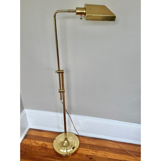 Late 20th Century Hollywood Regency Polished Brass Adjustable Height Pharmacy Floor Lamp With Hooded Shade For Sale - Image 12 of 12
