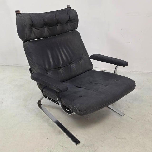 Metal Vintage German Swing Chair in Grey Leather with Chrome, 1970s For Sale - Image 7 of 8