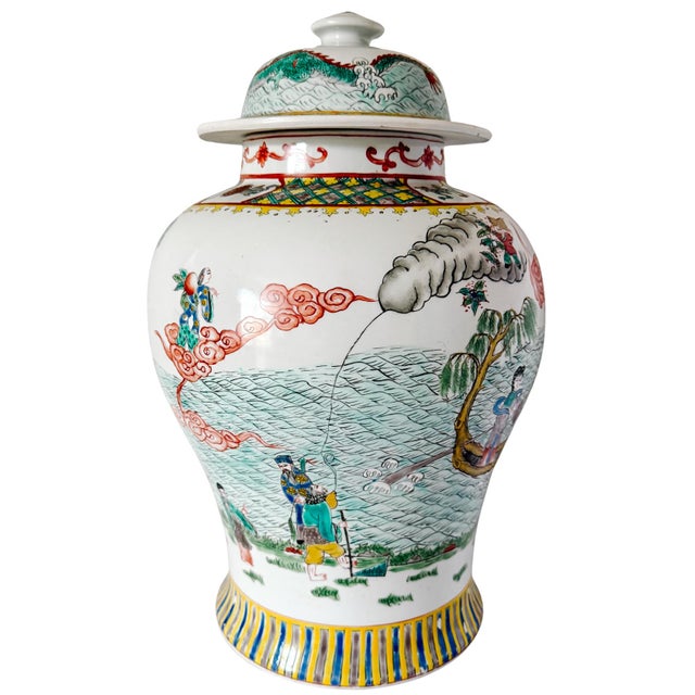Large Vintage Chinese Famille Verte Wucai Temple Jar & Cover, Immortals Scene For Sale - Image 4 of 8